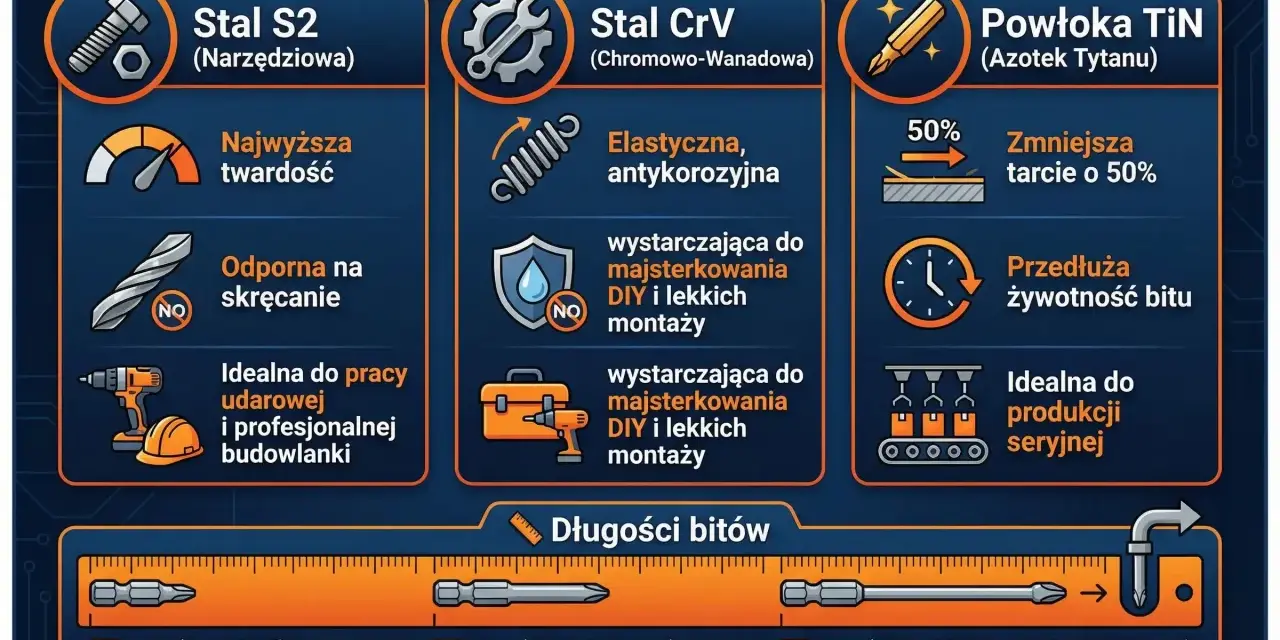 Porównanie materiałów bitów do wkrętarki: stal S2 (najwyższa twardość, odporna na skręcanie), stal CrV (elastyczna, antykorozyjna) i powłoka TiN (zmniejsza tarcie). Długości bitów: 25, 50, 75 mm.