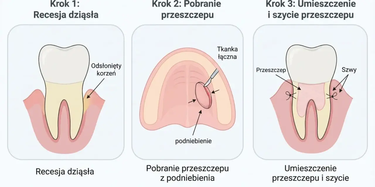 Ilustracja przedstawia trzy etapy zabiegu: recesję dziąsła, pobranie przeszczepu z podniebienia i umieszczenie go z szyciem.