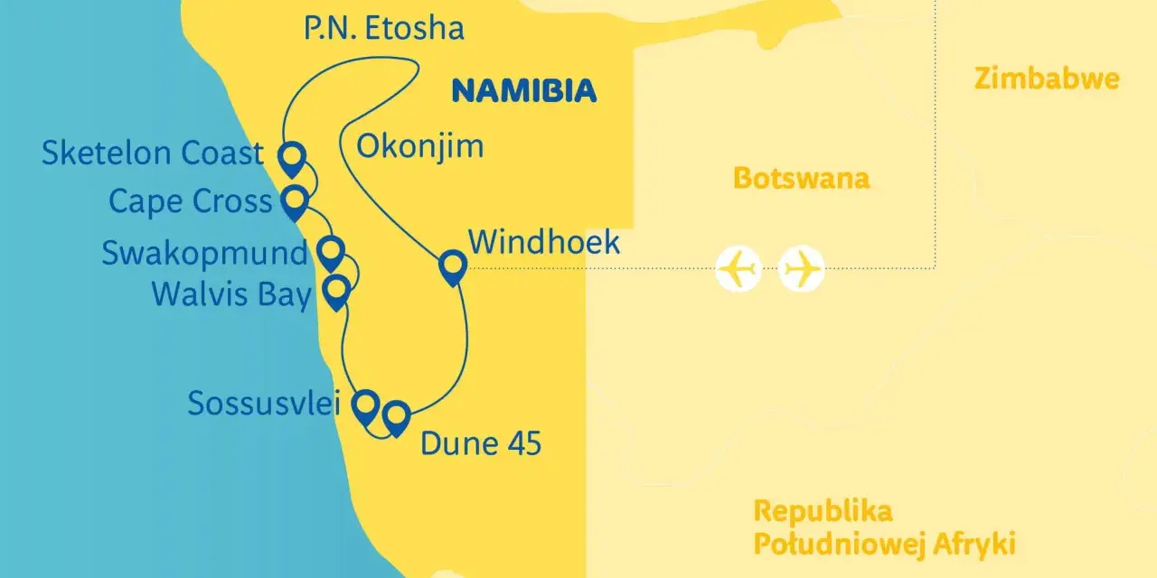 Mapa z trasą podróży po Namibii: wybrzeże, Etosha, Sossusvlei. Idealna na namibia turystyka.