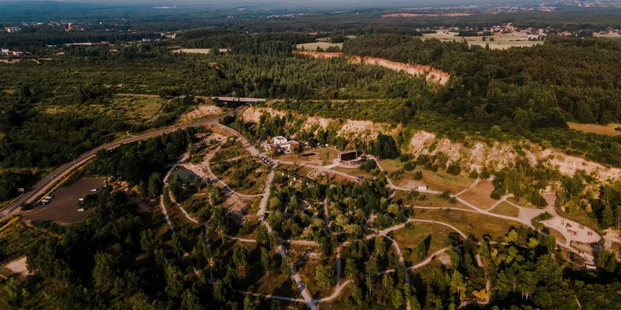 Widok z lotu ptaka na krajobraz z lasami, drogą i budynkami. W oddali widać miasto. To miejsce przypomina ptasią rzeczpospolitą, gdzie natura i cywilizacja współistnieją.