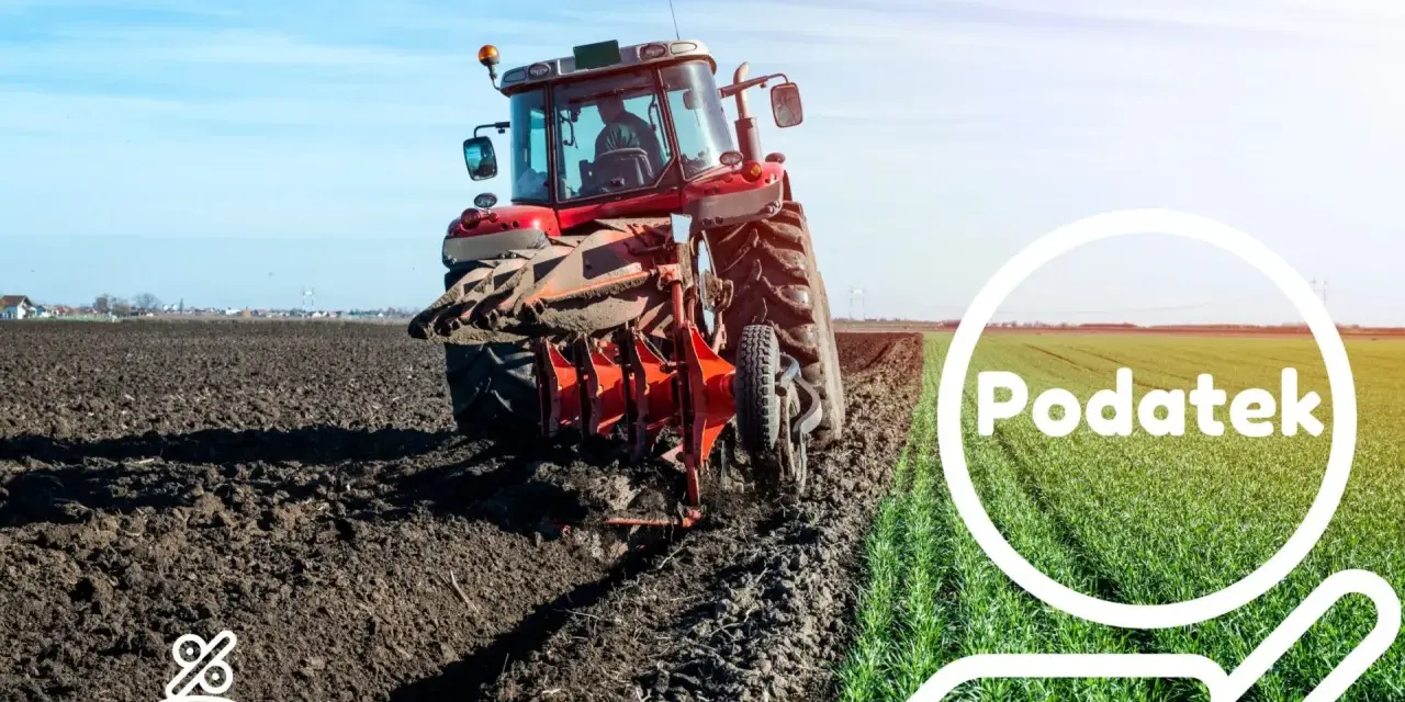 Czerwony traktor orze pole, symbolizując dzierżawę ziemi rolnej i związane z nią podatki.