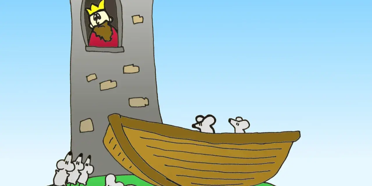 Król w wieży patrzy na myszy, które próbują uciec łodzią. Ilustracja do legendy o mysiej wieży.