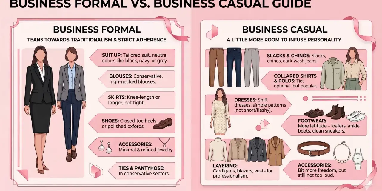 Guida al dress code formale: tailleur, camicette alte, gonne al ginocchio e scarpe chiuse.
