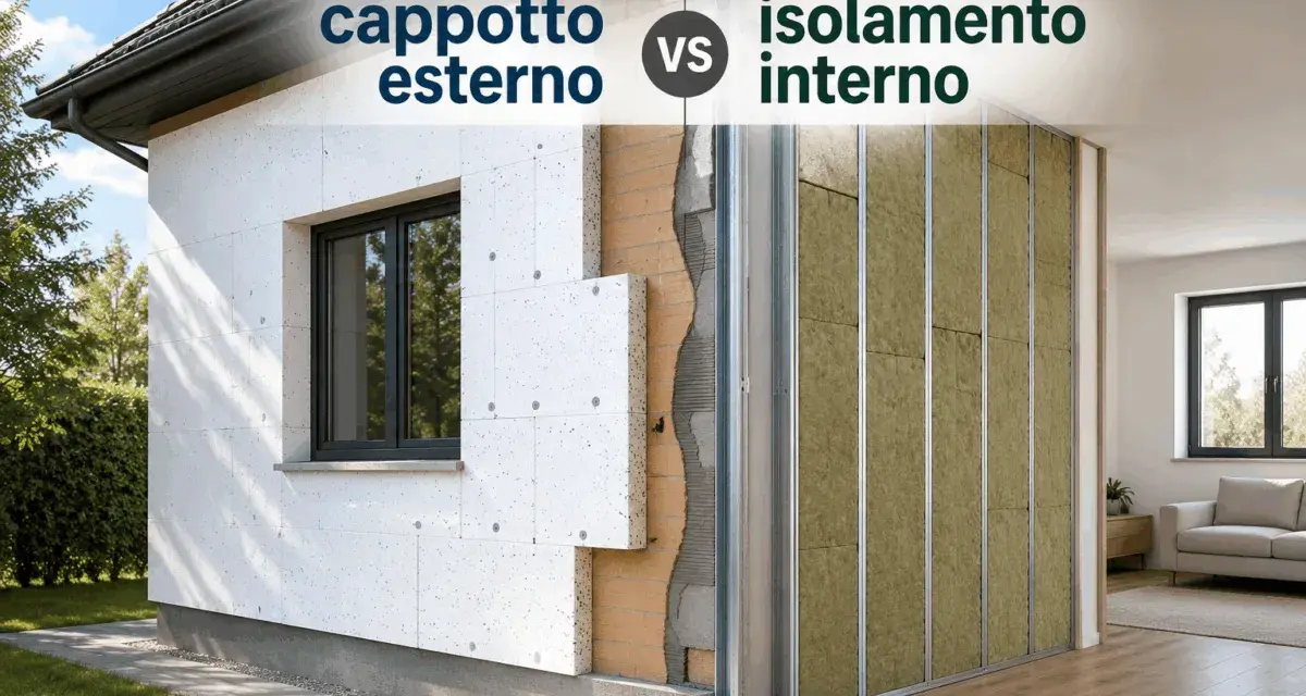 Confronto tra cappotto esterno in polistirene e isolamento interno. La facciata mostra pannelli isolanti bianchi, mentre l'interno rivela la struttura metallica con lana di roccia.