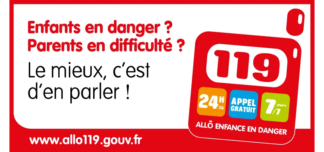 Logo du 119 "Allô Enfance en Danger" avec le slogan "Le mieux, c'est d'en parler !".