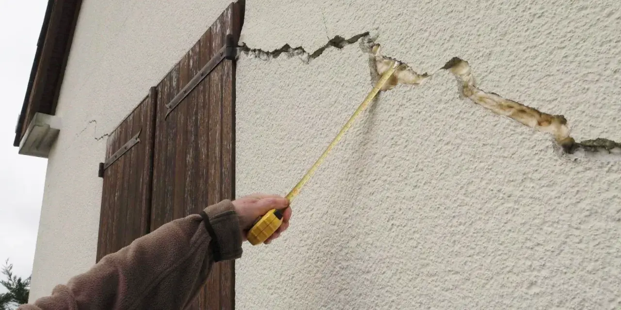 Main d'une personne mesurant des fissures sur un mur extérieur. Quand s'inquiéter des fissures maison ?