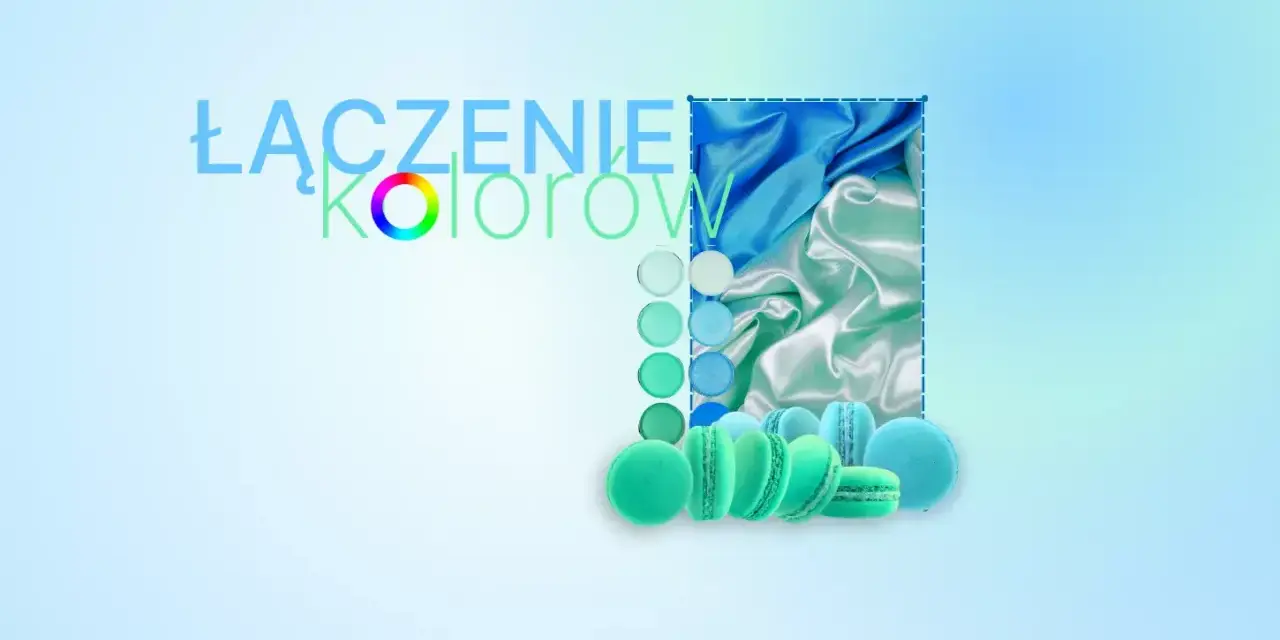 Łączenie kolorów: paleta odcieni niebieskiego i zielonego, jedwabne tkaniny oraz makaroniki.