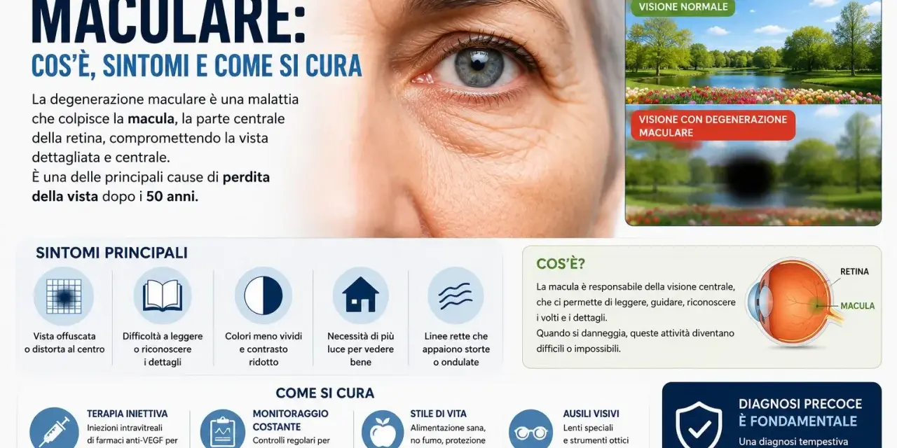 La degenerazione maculare è una delle principali cause di perdita della vista dopo i 50 anni, compromettendo la visione centrale.