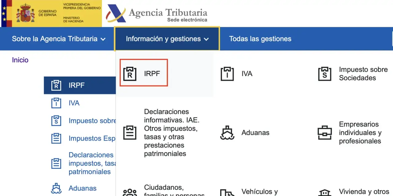 Página de la Agencia Tributaria con opciones como IRPF, IVA, Impuesto sobre Sociedades. El modelo 100 AEAT se gestiona aquí.