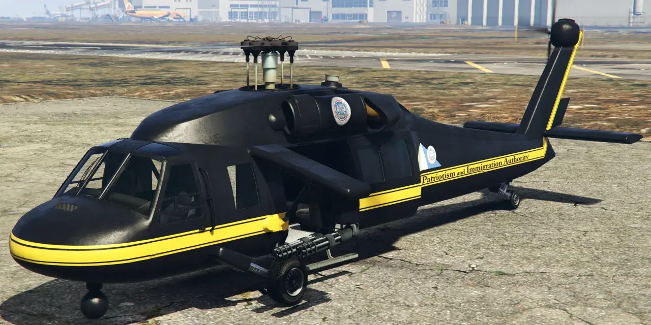Czarny helikopter z żółtymi pasami i napisem "Patriotism and Immigration Authority". Idealny do misji w GTA San Andreas, jeśli znasz kod na helikopter.