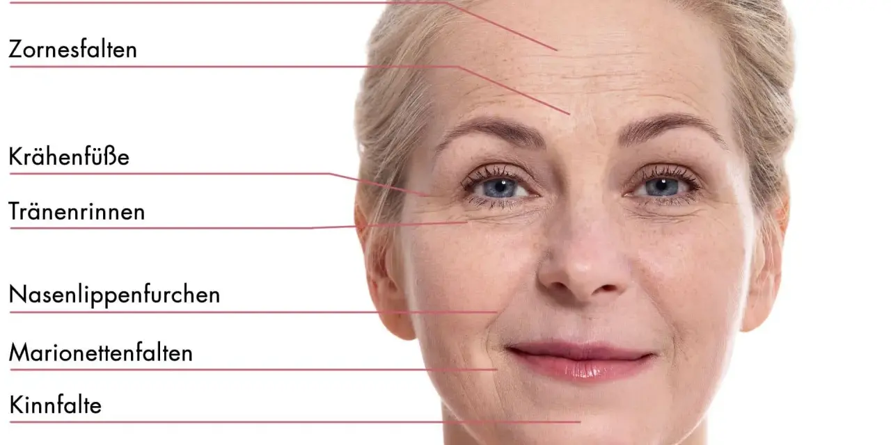 Nahaufnahme einer Frau mit Stirnfalten, Zornesfalten und Krähenfüßen. Selbst mit 20 Jahren können erste Zeichen der Hautalterung sichtbar werden.