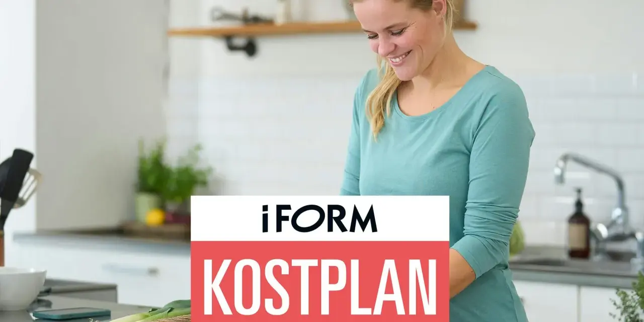 Glad kvinna i köket förbereder mat enligt en kostplan på 1300 kalorier per dag.