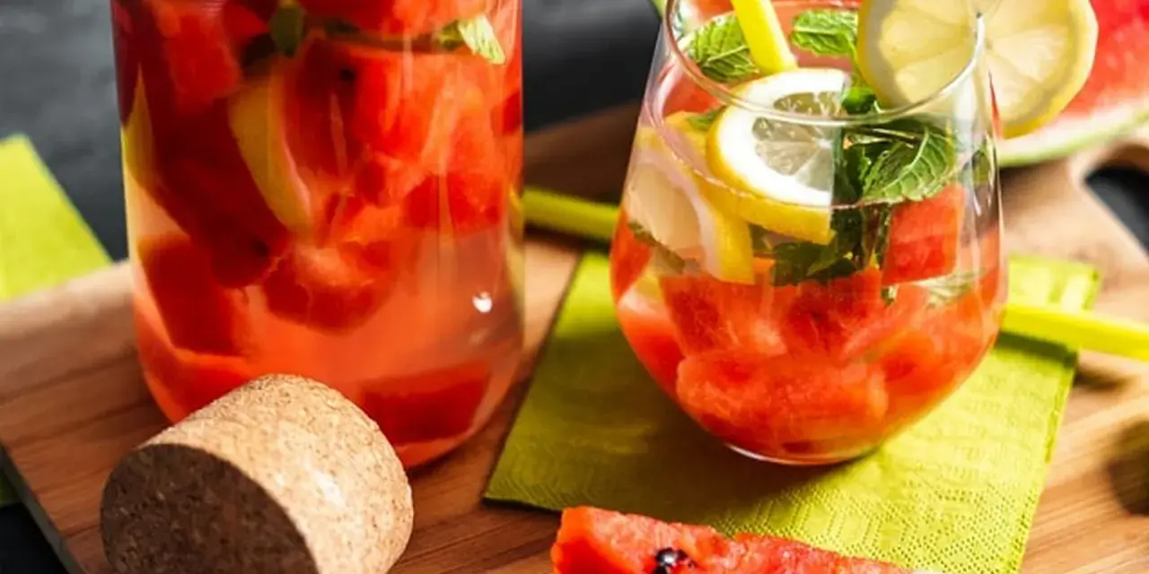 Orzeźwiający drink w arbuzie z cytryną i miętą, podany w szklance i karafce. Idealny na upalne dni.