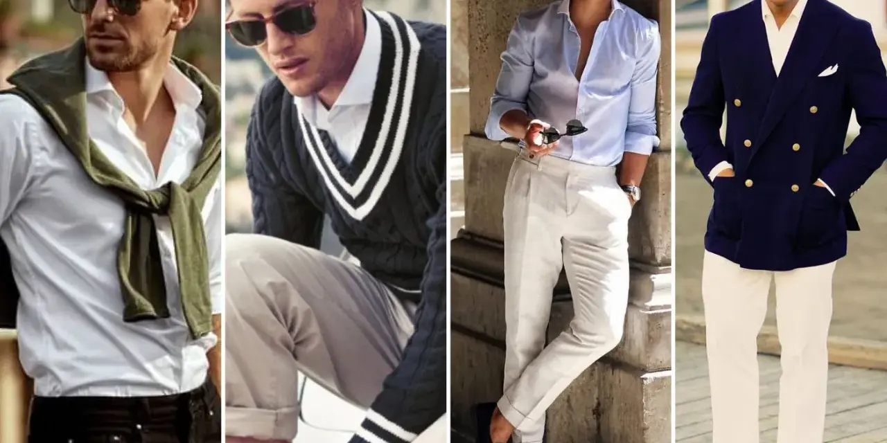 Cuatro hombres con estilo "old money": camisas, suéteres, pantalones claros y gafas de sol.