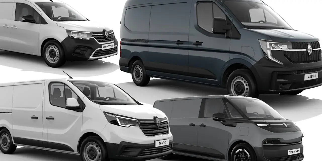 Kolekcja renault van: biały Kangoo Van, szary Master, biały Trafic i szary Trafic Van.