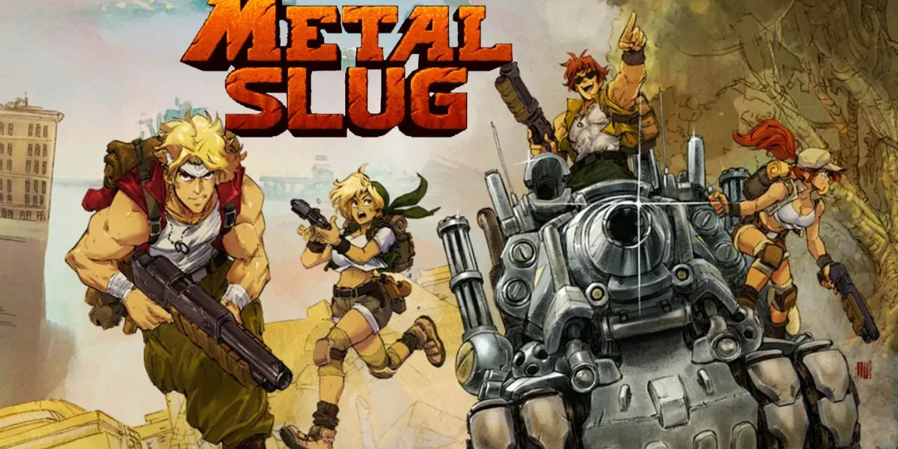 Personajes de Metal Slug corren y disparan junto a un tanque.