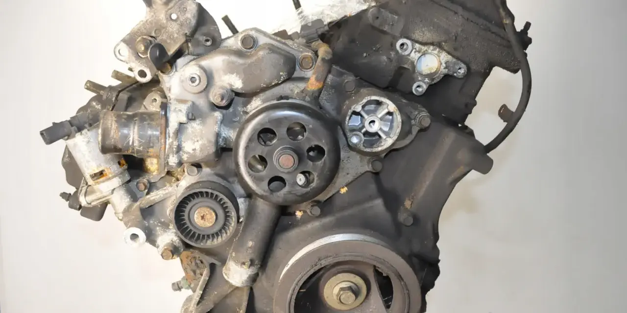 Silnik 5.7 Hemi, widoczny z przodu, z widocznymi kołami pasowymi i elementami osprzętu.
