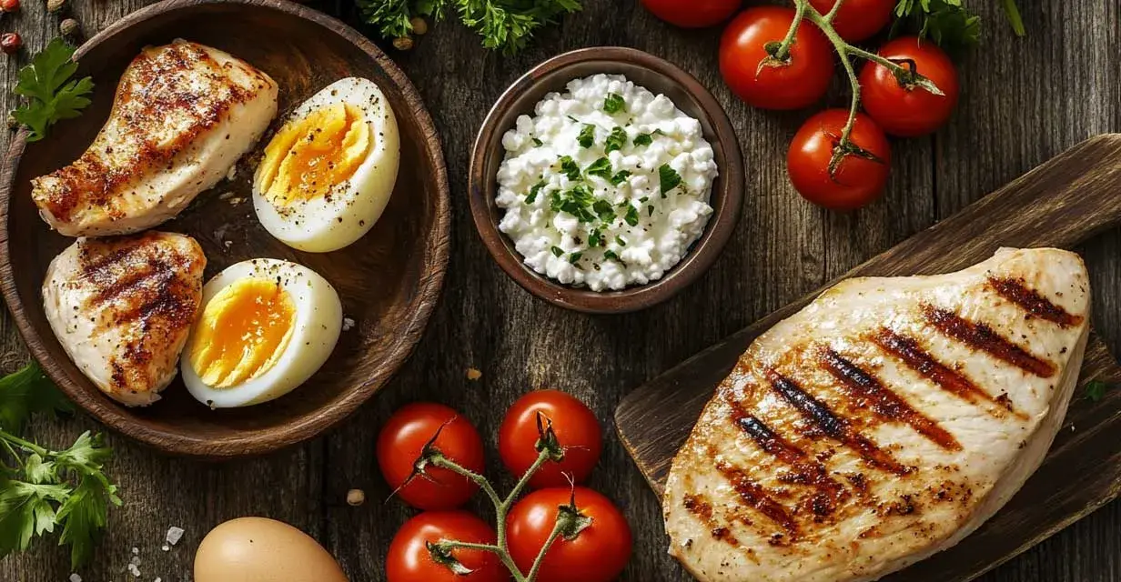 Grillad kyckling, ägg och keso – en bra grund för att veta hur mycket protein per måltid du behöver. Tomater och örter ger fräschör.