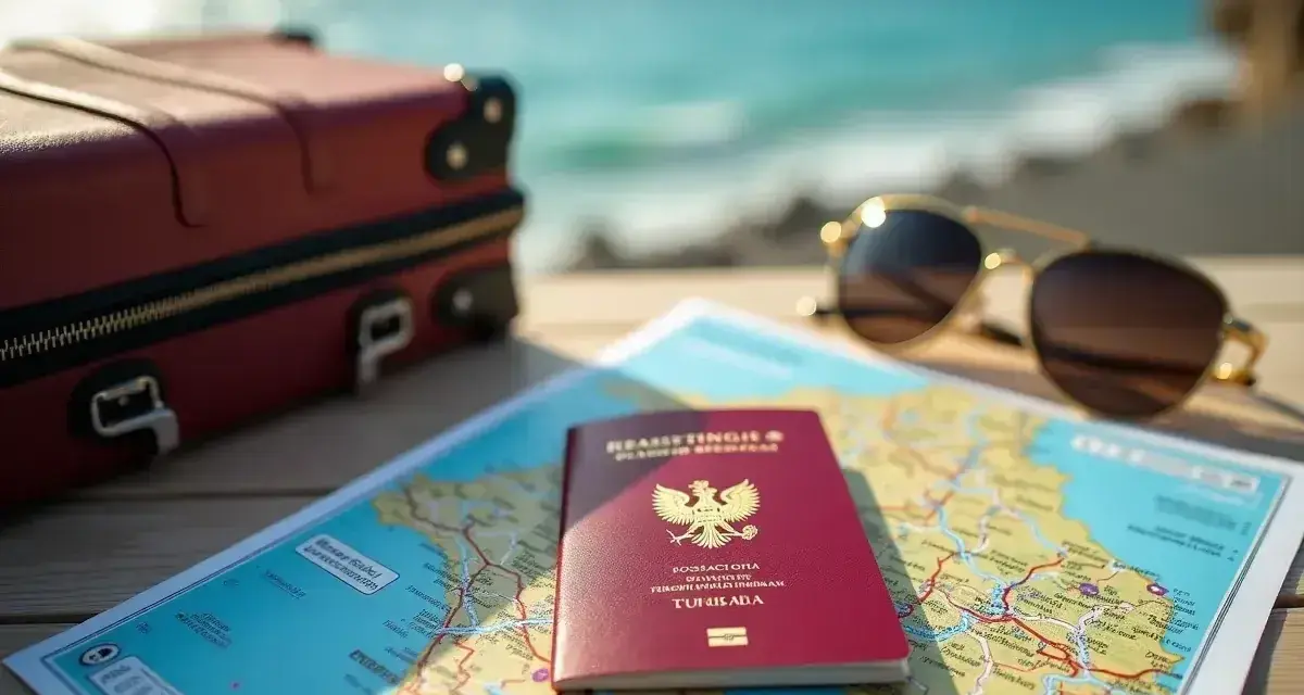 Walizka, mapa, okulary i paszport. Czy do Tunezji potrzebny paszport? Tak, do podróży do Tunezji potrzebny jest paszport.