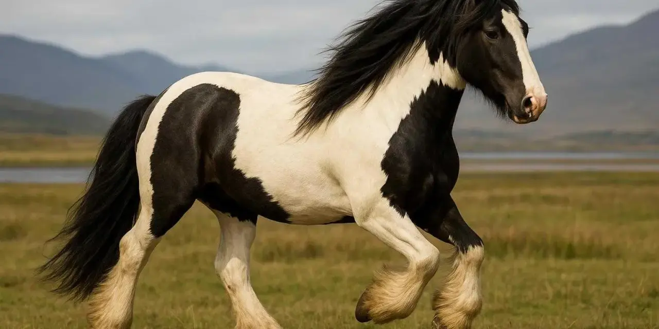 Un magnifique cheval cob gypsy pie noir et blanc galope dans un pré verdoyant, sa crinière au vent.