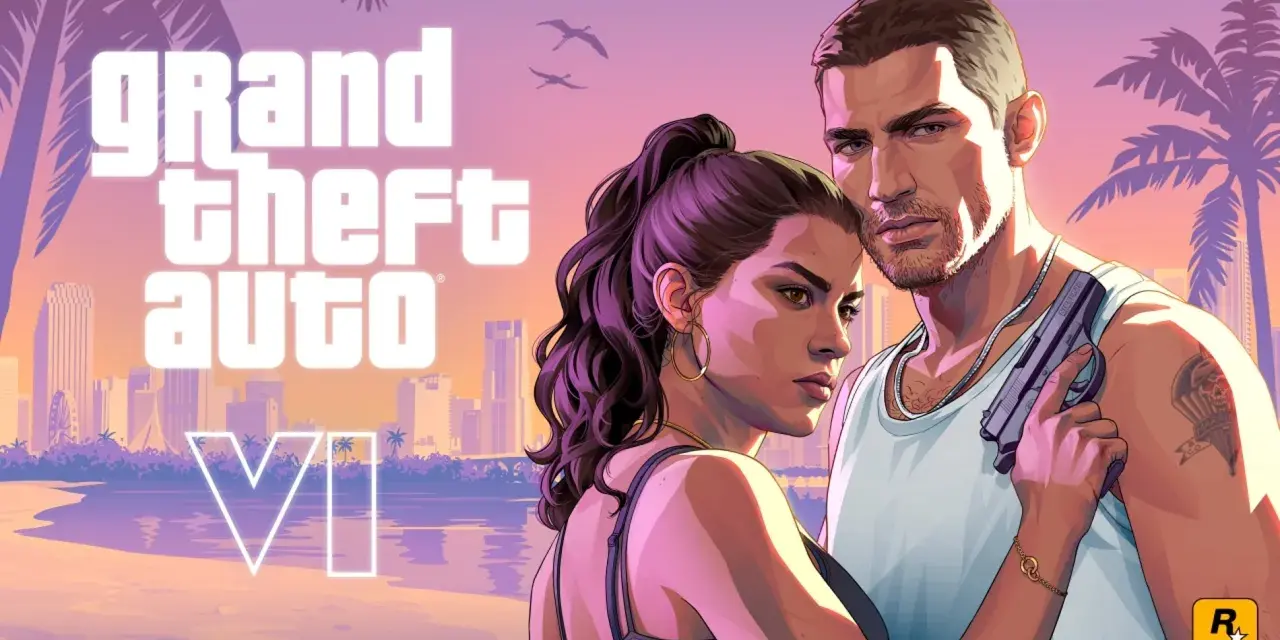 Pareja con arma en mano, fondo de ciudad y palmeras. ¡La espera para cuando sale GTA 6 se hace eterna!