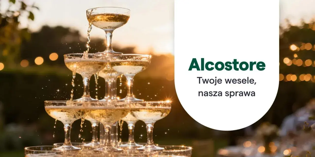 Wieża kieliszków z szampanem, idealna na wesele. Alcostore zadba o ten wyjątkowy wino na wesele.