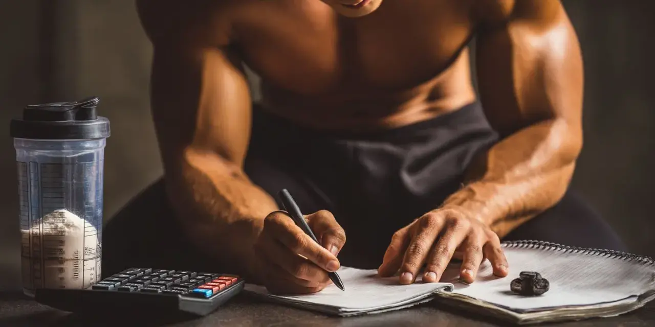 Un athlète calcule combien de protéine par jour il doit consommer, avec un shaker de poudre, une calculatrice et un carnet.