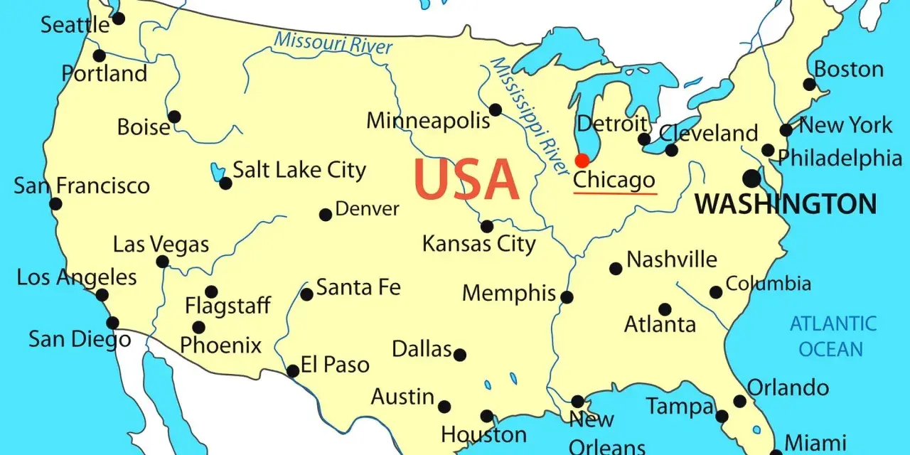 Mapa USA z zaznaczonym Chicago. Miasto leży nad jeziorem Michigan, na północny zachód od Waszyngtonu.