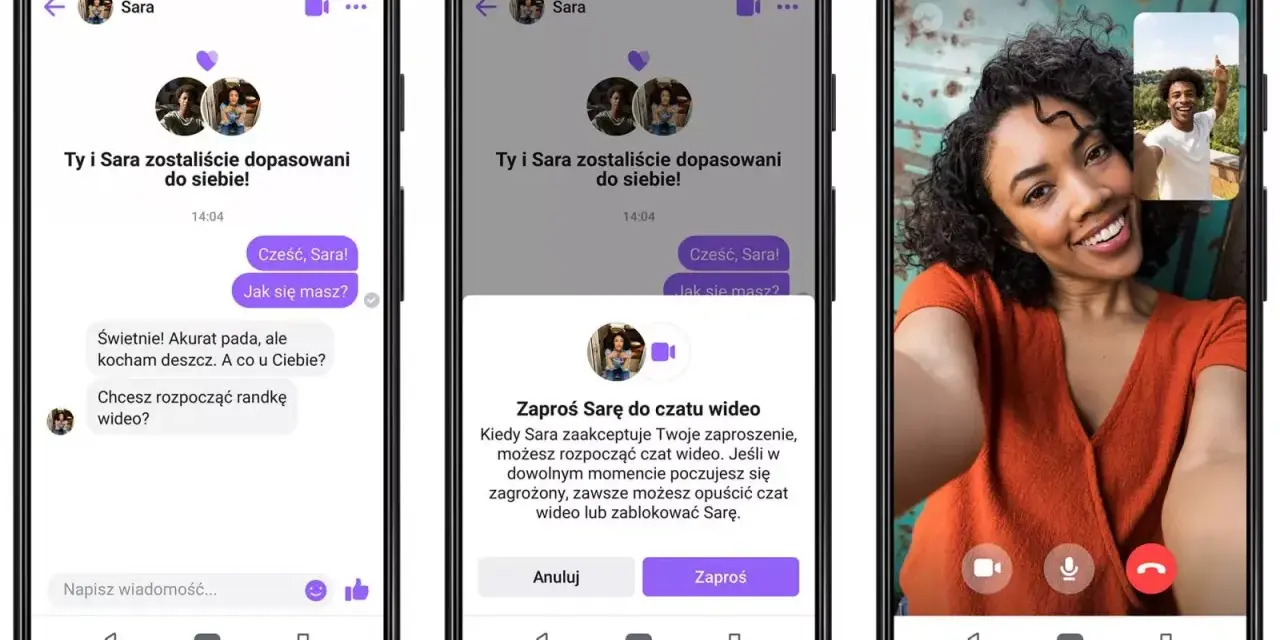 Ekran telefonu pokazuje rozmowę na FB, gdzie użytkownicy mogą rozpocząć randki wideo.