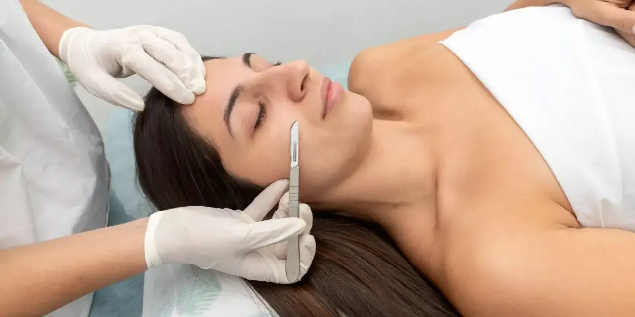 Une esthéticienne effectue un dermaplaning visage sur une femme allongée, utilisant un scalpel pour exfolier délicatement la peau.