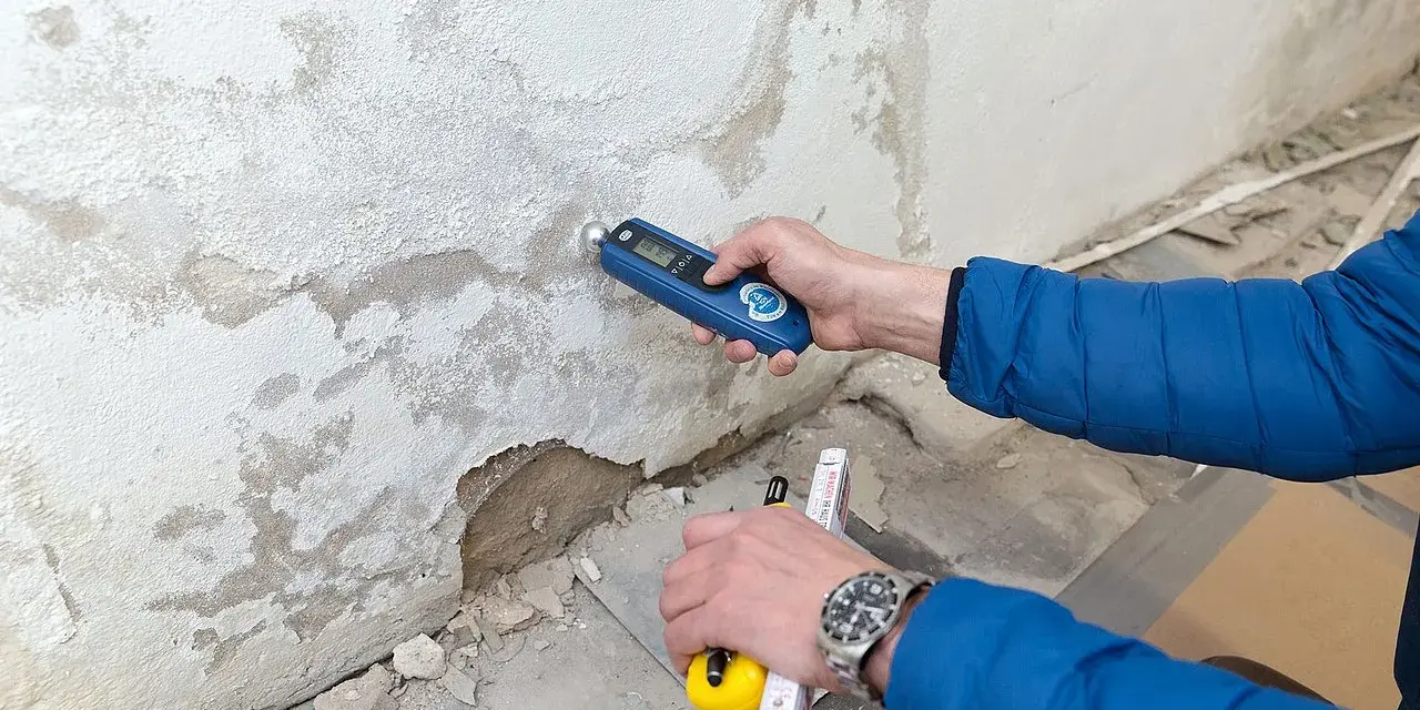 Feuchtemessung an einer Wand. Die isotec kosten pro qm hängen vom Ausmaß des Schadens ab.