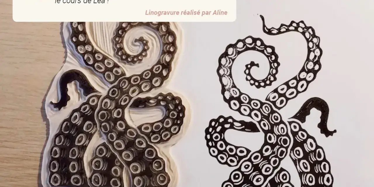 Témoignage sur un cours beaux-arts en ligne gratuit. Une linogravure de tentacules d'une pieuvre, réalisée par Aline.