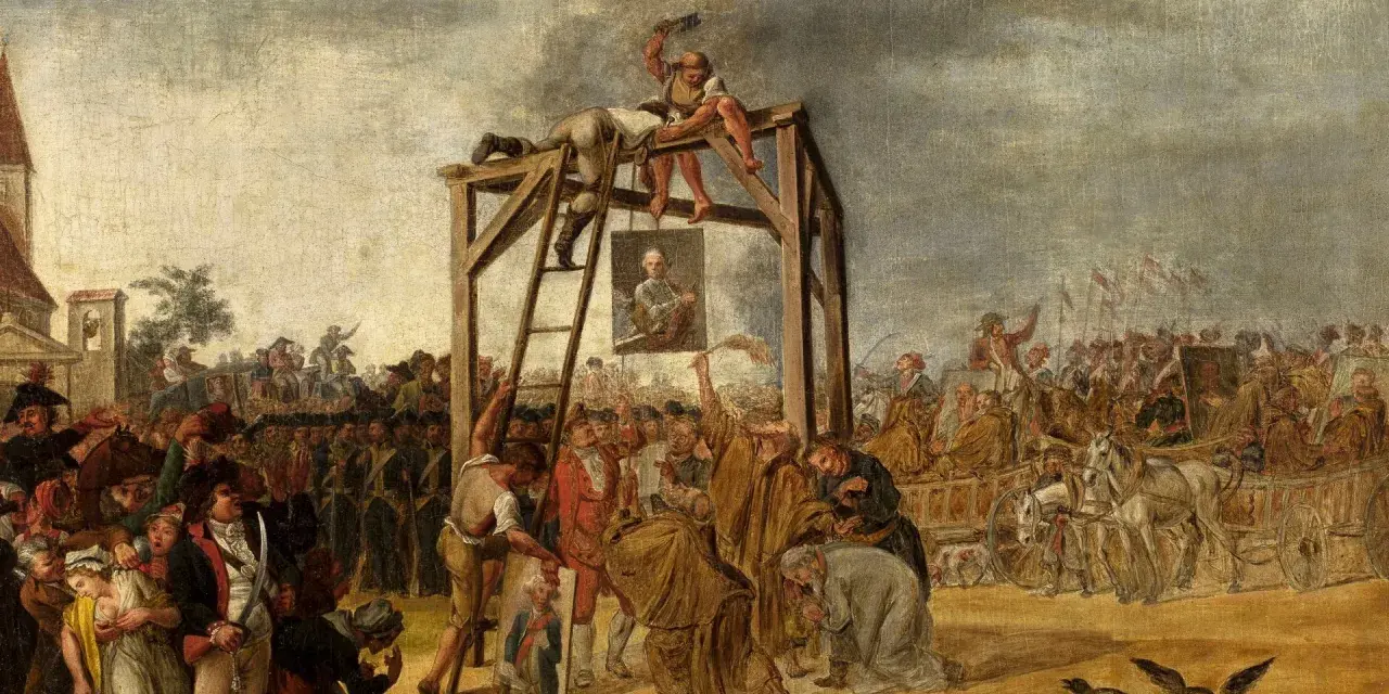 Scena z targowicy: wisielec, tłum, karoce i portret. Dramatyczne wydarzenie historyczne.