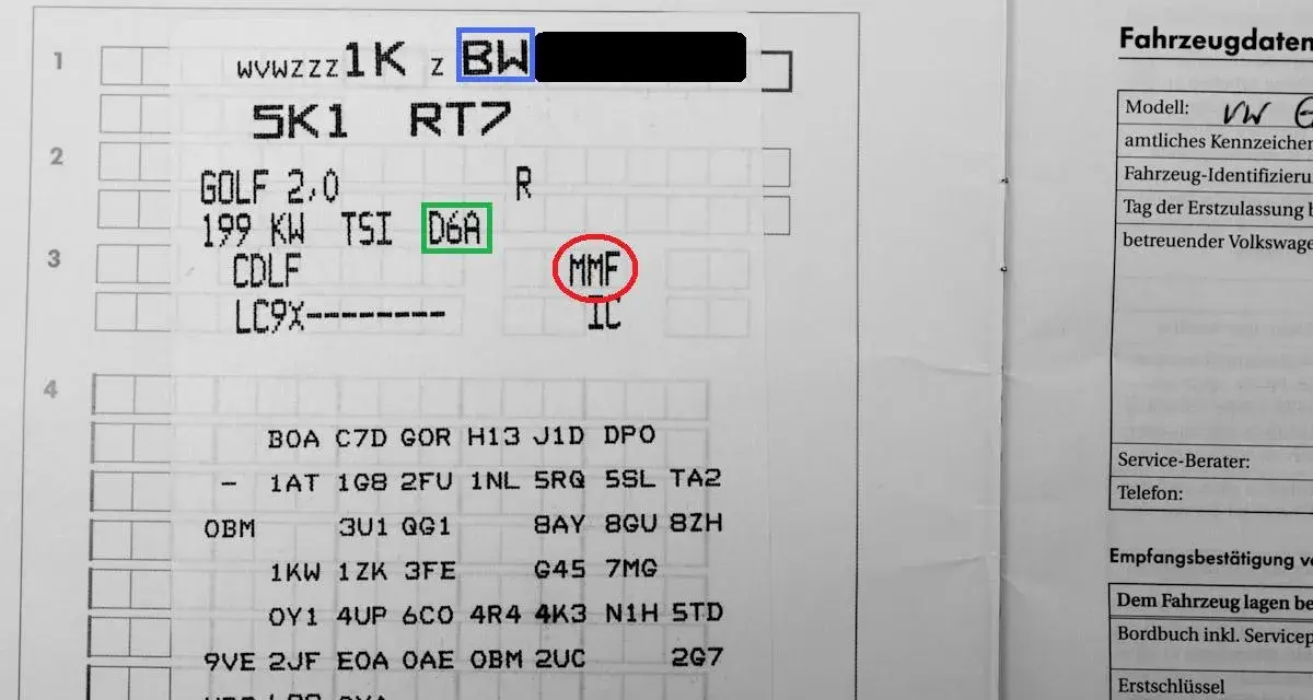 Fahrzeugdatenblatt mit VW Getriebecode Liste. Zeigt u.a. die Kennzeichen BW, D6A und MMF.