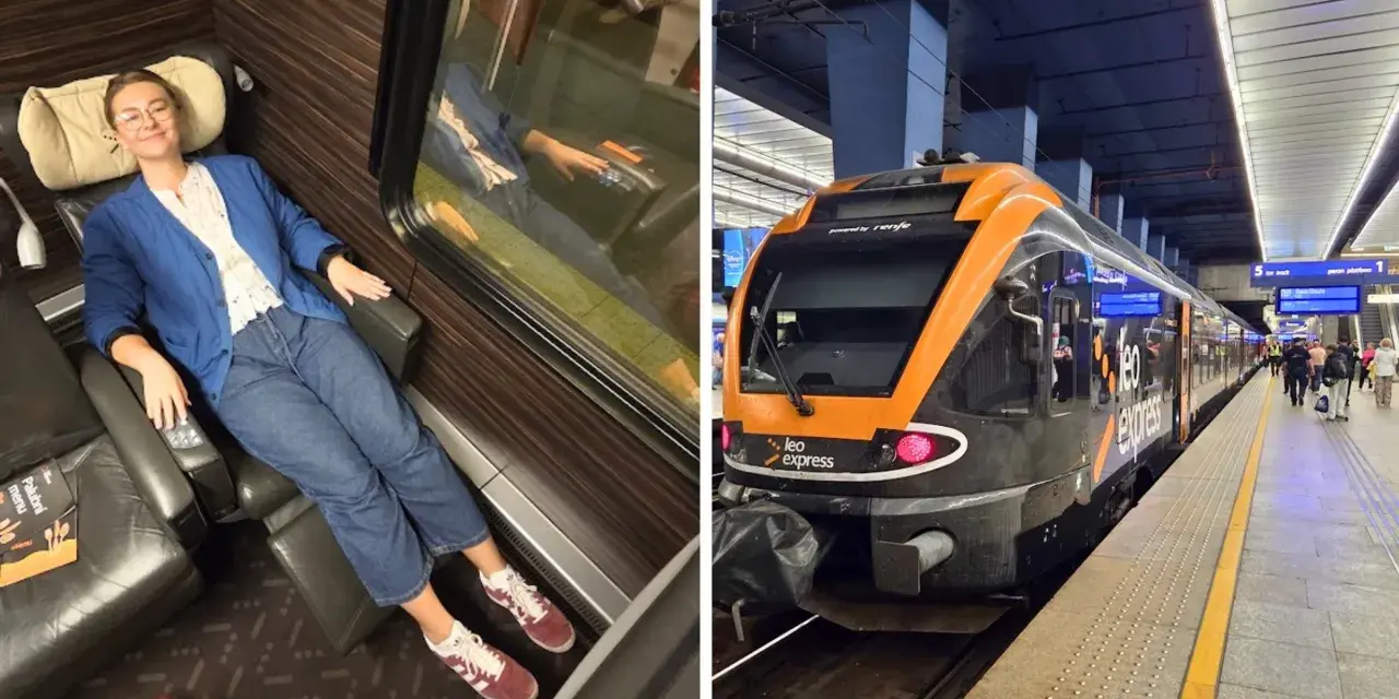 Uśmiechnięta kobieta w wygodnym fotelu w pociągu Leo Express, gotowa na podróż z Pragi do Warszawy.