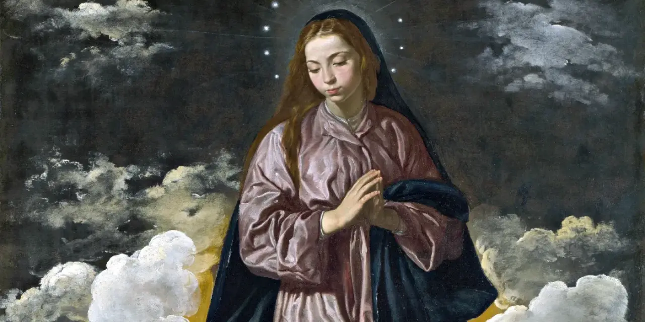 Die Immaculata, umgeben von Wolken und Sternen, verkörpert die reine Gnade. Ihre Hände sind gefaltet, ihr Blick nach unten gerichtet.