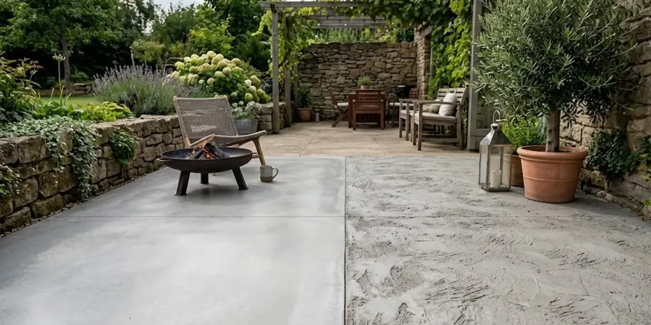 Terrasse avec une finition dalle béton lisse et une autre texturée, mobilier de jardin, brasero et olivier.