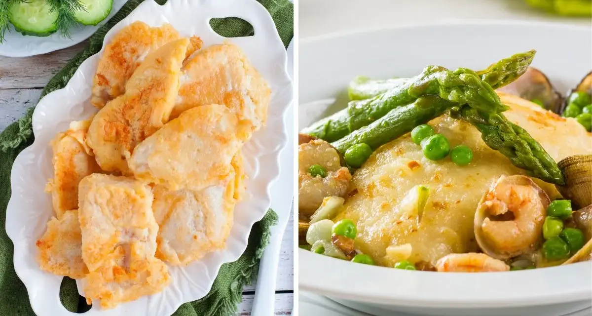 Dos platos de merluza: rebozada con pepino y enharinada con espárragos y guisantes. ¡Ideas para recetas con merluza congelada!