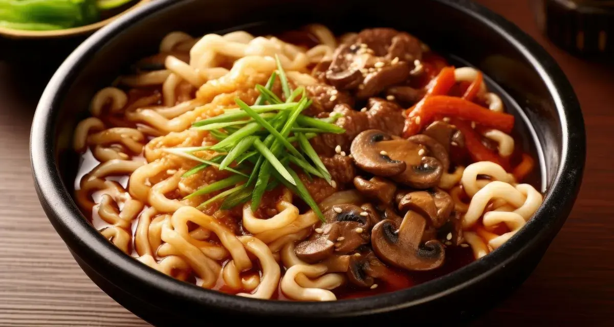Gęsty, aromatyczny curry udon z wołowiną, grzybami i szczypiorkiem. Pyszne danie w czarnej misce.