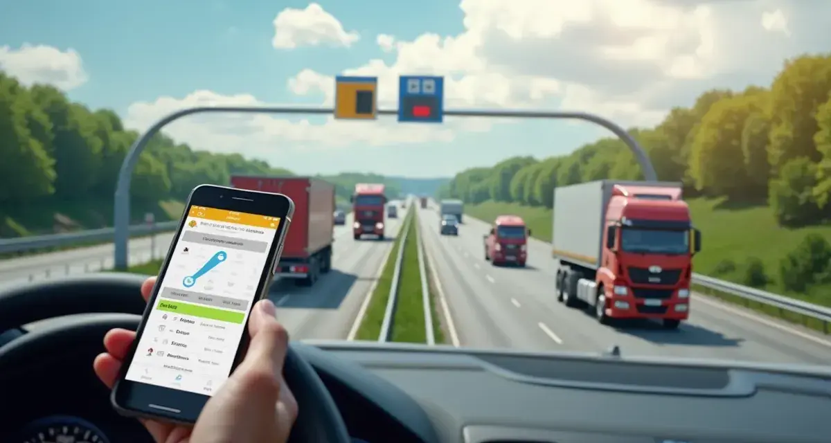 Aplikacja na telefonie pokazuje trasę i koszty przejazdu. Kierowca ciężarówki jedzie autostradą A4, sprawdzając autostrada a4 cennik gliwice-wrocław.