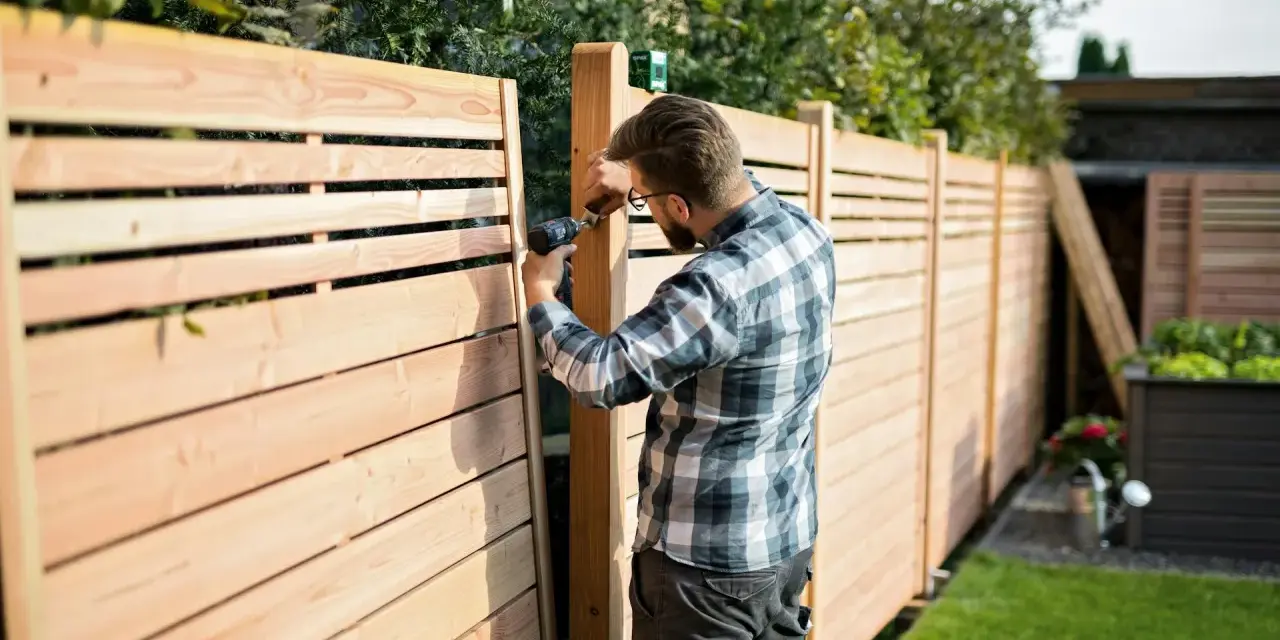 Uomo con trapano realizza una staccionata in legno fai da te, creando un'elegante divisione per il giardino.