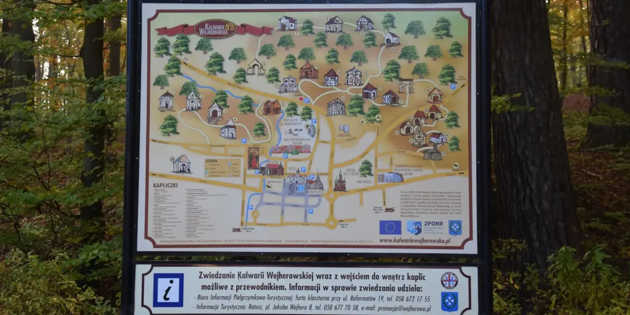 Mapa Kalwarii Wejherowskiej z zaznaczonymi kapliczkami, kościołami i innymi obiektami. Zaplanuj zwiedzanie tego wyjątkowego miejsca.