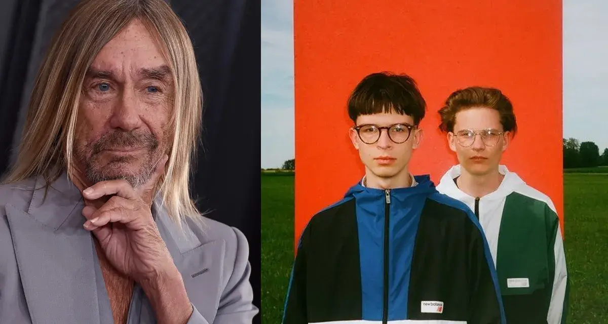 Iggy Pop obok duetu Kacperczyk. Dwóch młodych artystów w kolorowych kurtkach i okularach, obok ikony rocka.