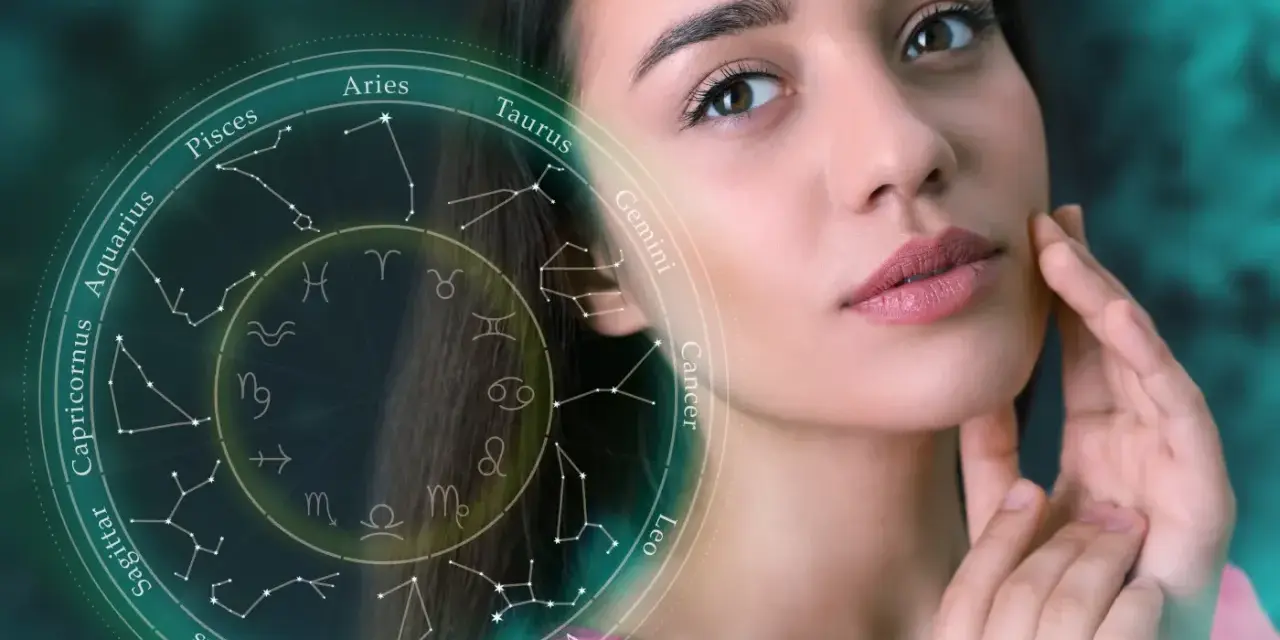 Kobieta z delikatnym dotykiem na policzku, obok niej krąg zodiaku. 6 lipiec znak zodiaku to Rak.