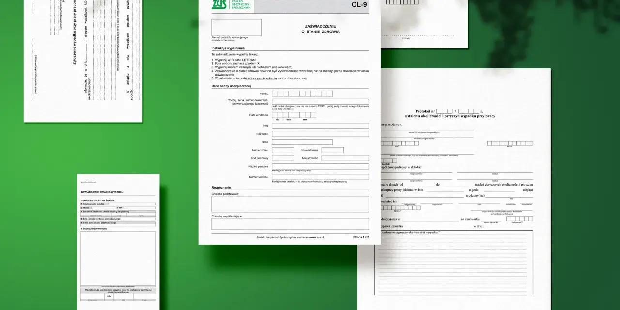 Formularz ZUS OL-9 do zgłoszenia wypadku przy pracy. Określa, ile wynosi chorobowe wypadkowe.