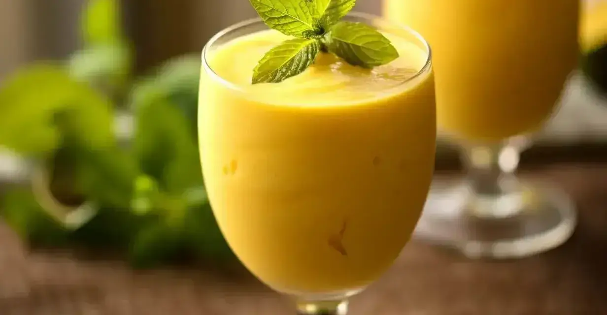 Orzeźwiający mango lassi z mlekiem kokosowym, ozdobiony listkiem mięty. Idealny na upalne dni.