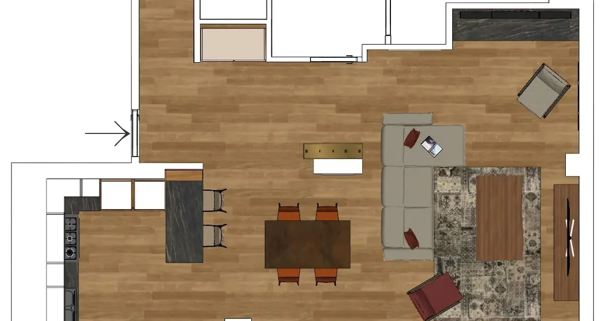 Progetto di una casa 60 mq open space con cucina moderna, zona pranzo e soggiorno accogliente con divano angolare e tappeto decorativo.