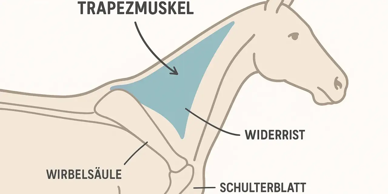 Schema der Pferdemuskulatur: Trapezmuskel, Widerrist, Schulterblatt und Wirbelsäule sind hervorgehoben.