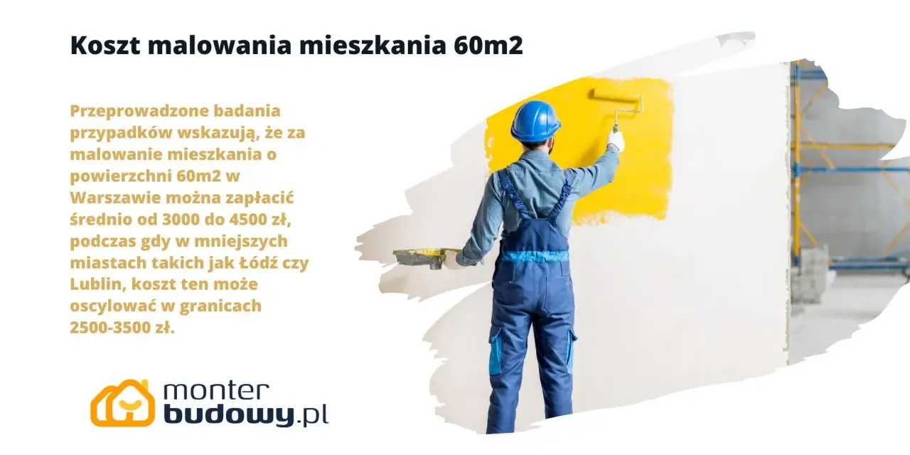 Malowanie mieszkania 60m2 w Warszawie kosztuje średnio 3000-4500 zł. W mniejszych miastach, jak Łódź czy Lublin, koszt malowania 60m2 to ok. 2500-3500 zł.