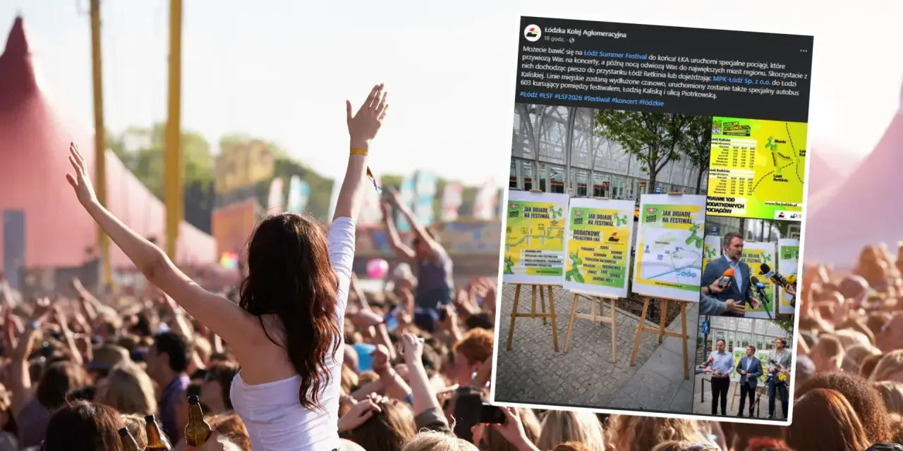 Tłum ludzi na festiwalu, w tle scena i namioty. Informacja o Łódź Summer Festival 2026 i dodatkowych połączeniach.